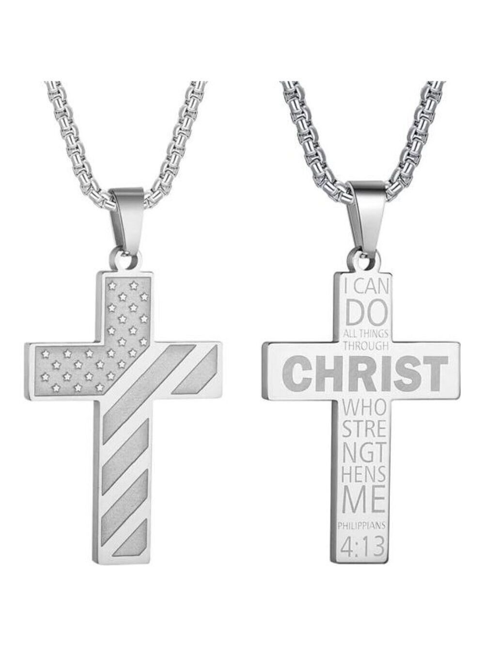 Silver American Flag Christ Cross Necklace Men Stainless Steel Box Chain 22 inch